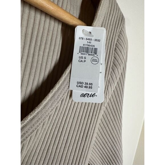Aerie American Eagle Tan Ribbed Long Sleeve Layering Essential Top Size Small - Picture 7 of 8